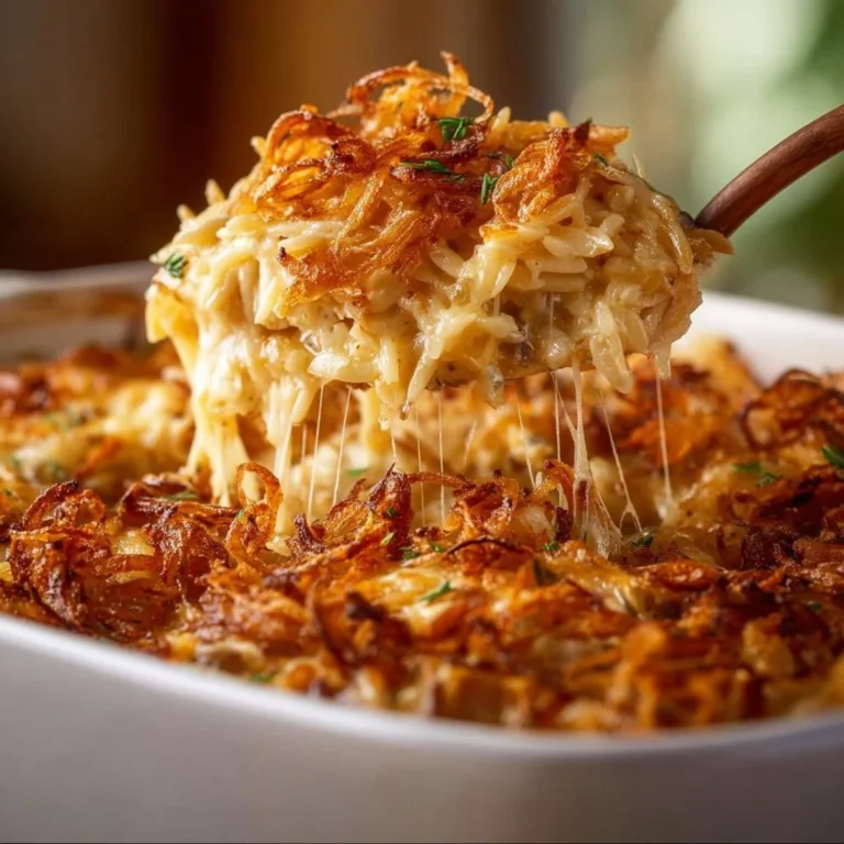 Delicious French Onion Chicken Orzo Casserole ready to serve for a comforting dinner.