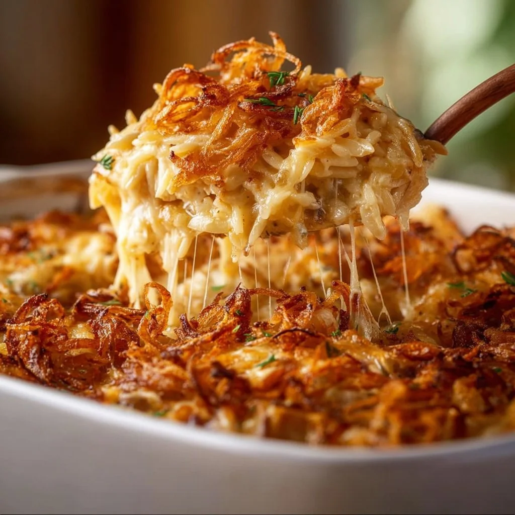 Delicious French Onion Chicken Orzo Casserole ready to serve for a comforting dinner.