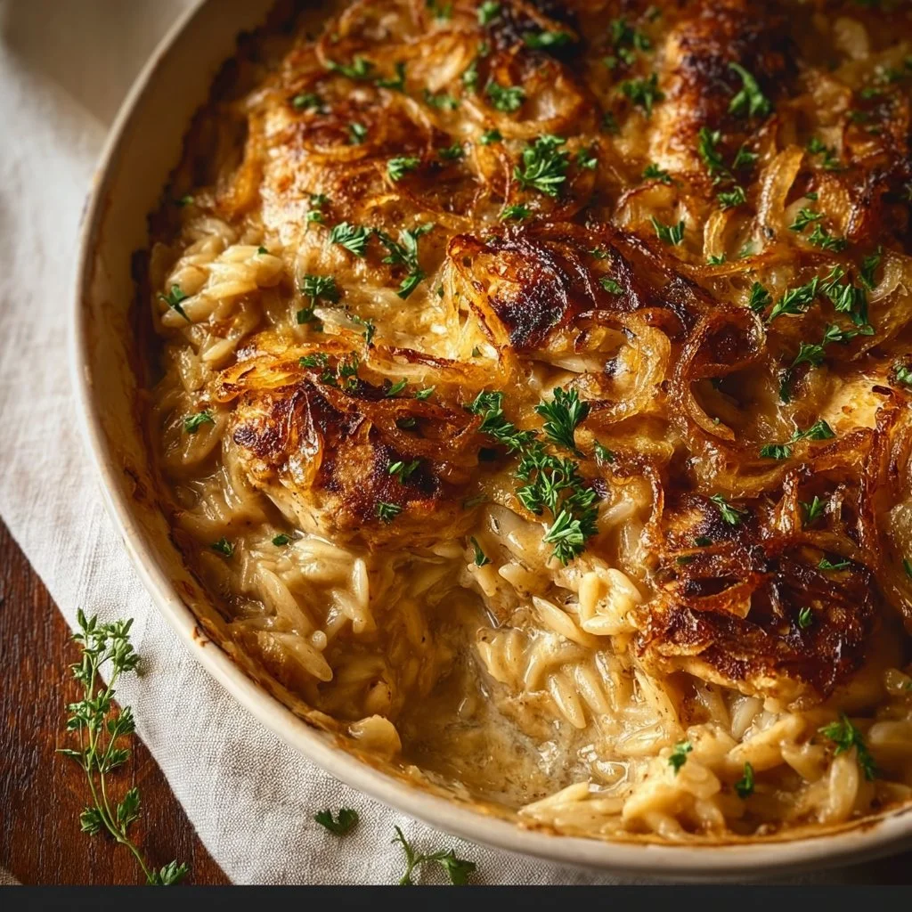 French Onion Chicken Orzo Casserole