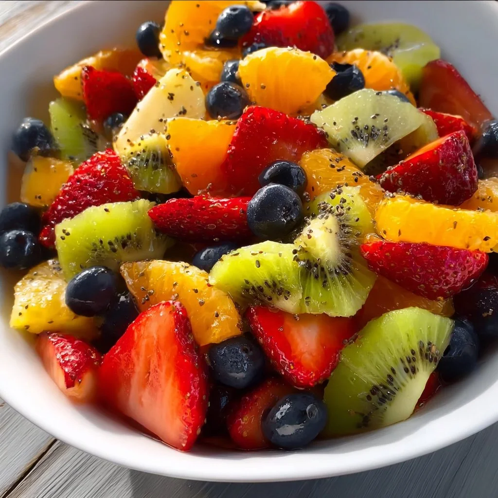 Bowl of fresh fruit salad with honey lime poppy seed dressing