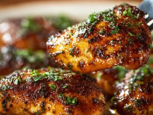 Plate of garlic brown sugar chicken with vibrant vegetables