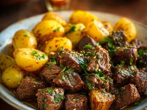 Crockpot Garlic Butter Beef Bites served with fresh herbs and vegetables