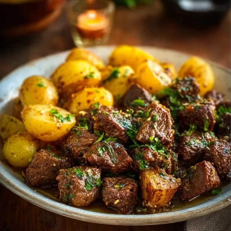 Crockpot Garlic Butter Beef Bites served with fresh herbs and vegetables