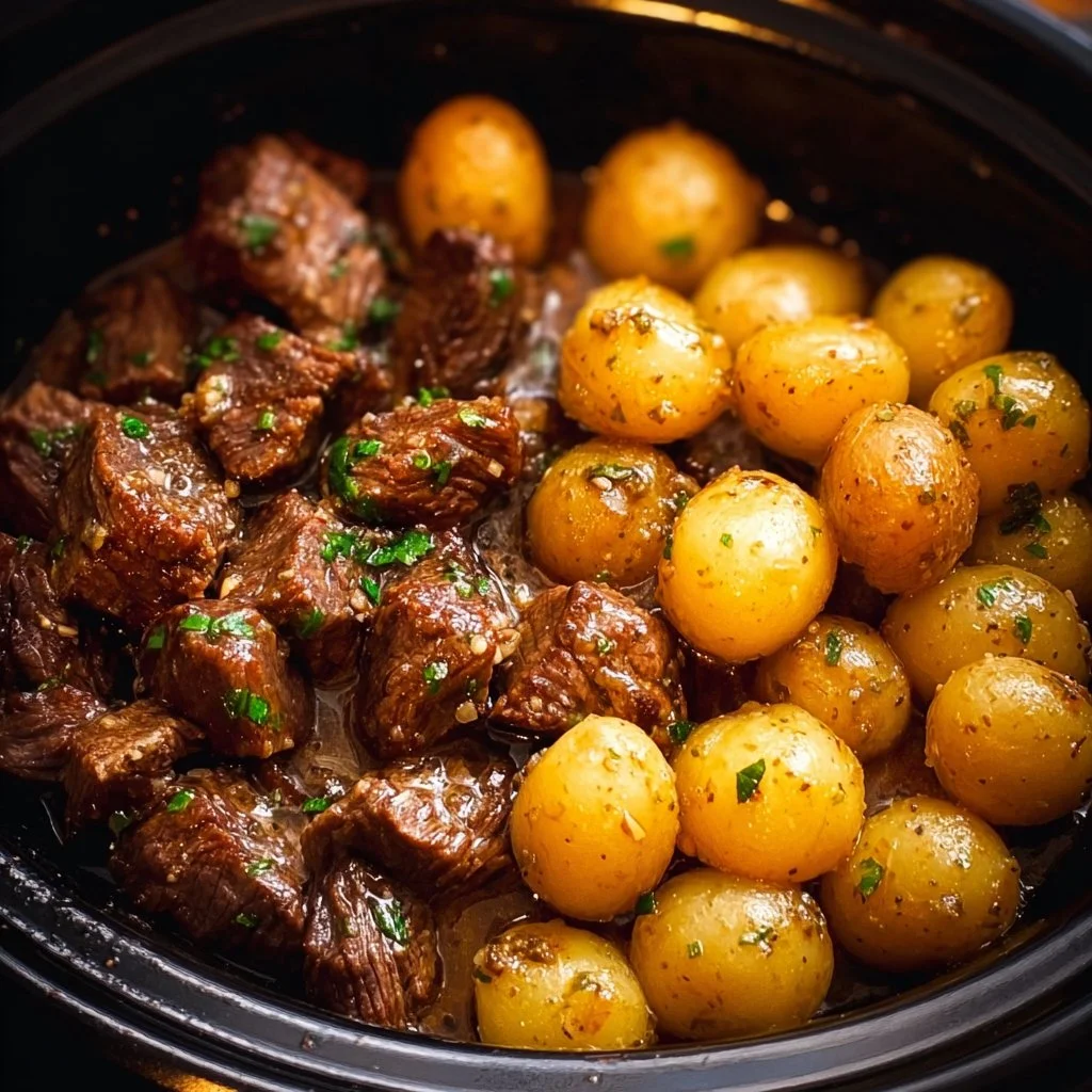 Delicious Garlic Butter Beef Bites served with potatoes on a plate.