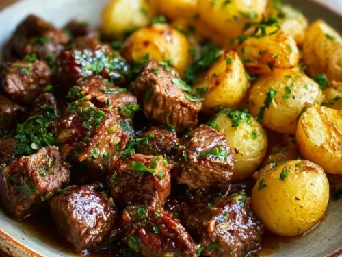 Delicious Garlic Butter Beef Bites served with seasoned potatoes.