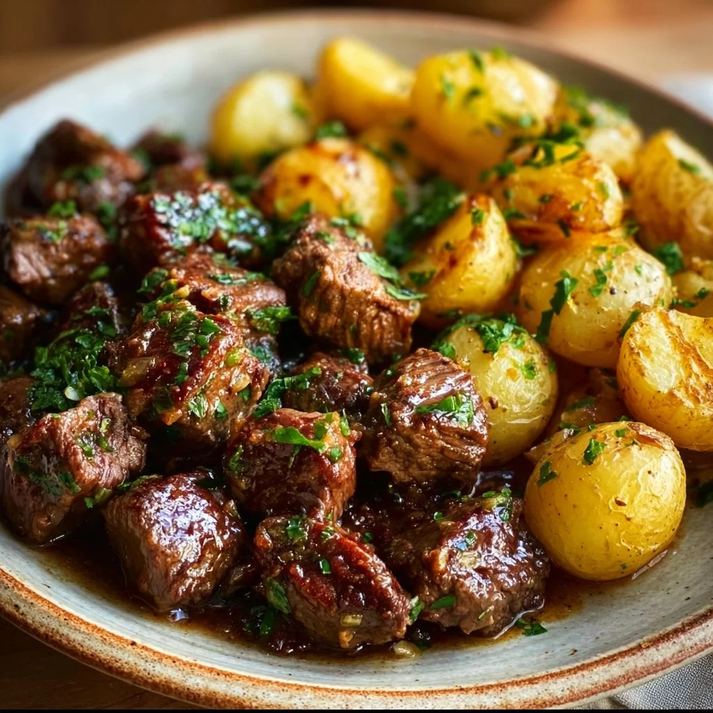 Delicious Garlic Butter Beef Bites served with seasoned potatoes.