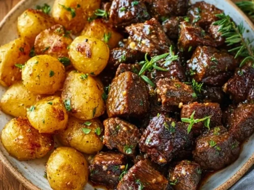 Garlic Butter Beef Bites served with potatoes on a plate