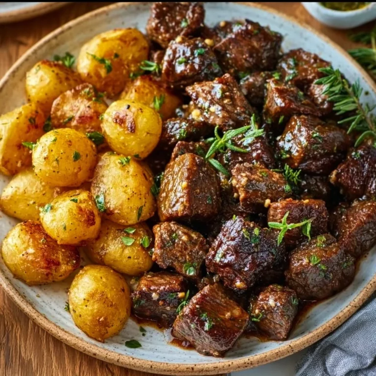 Garlic Butter Beef Bites served with potatoes on a plate