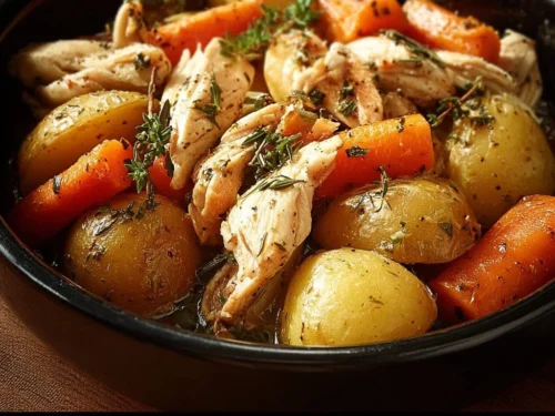 Delicious Garlic Butter Chicken in a crockpot with carrots and potatoes