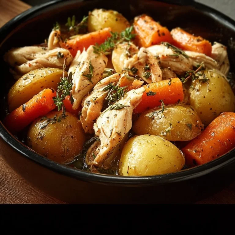 Delicious Garlic Butter Chicken in a crockpot with carrots and potatoes