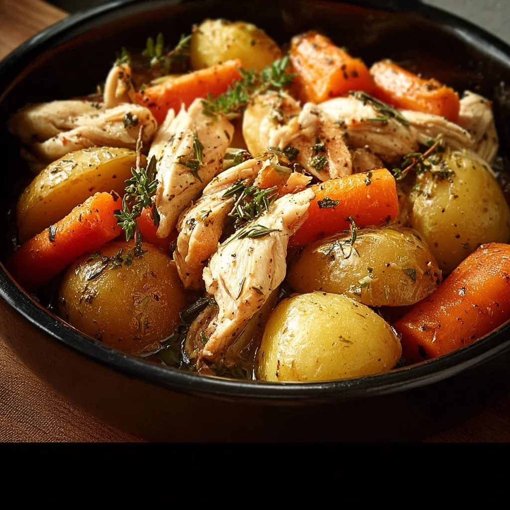 Delicious Garlic Butter Chicken in a crockpot with carrots and potatoes