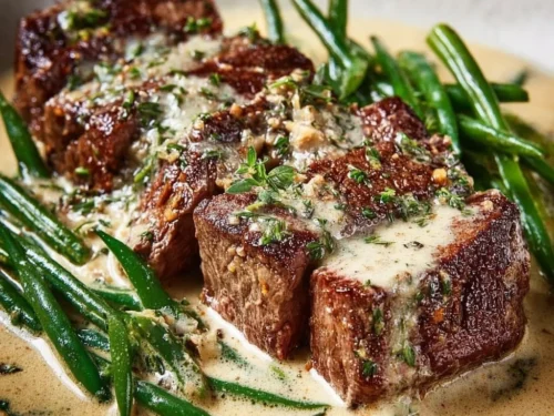 Garlic butter steak with Parmesan cream sauce served on a plate