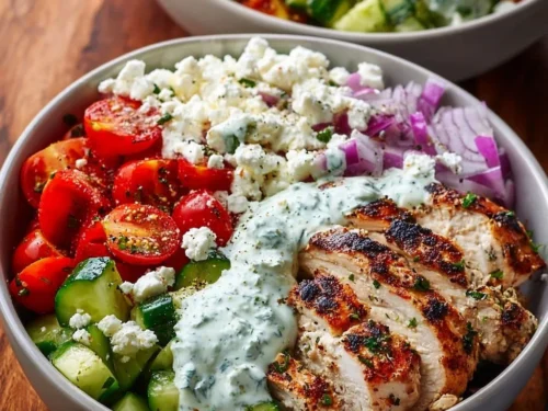 Colorful Greek chicken bowl with vegetables and quinoa
