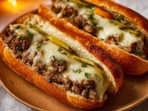 Ground beef Philly cheesesteak sandwich with melted cheese and peppers