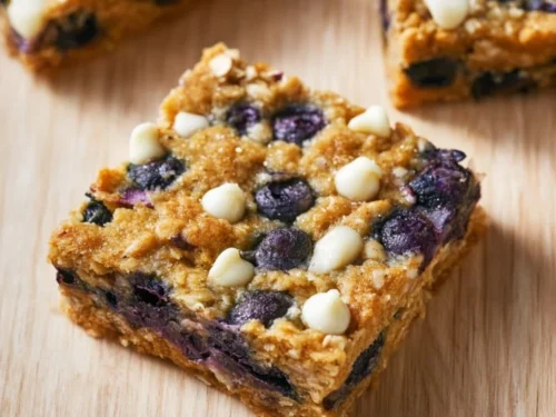 Healthy blueberry breakfast baked oatmeal in a baking dish