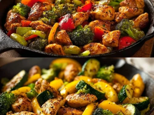 Healthy chicken and vegetables skillet recipe for a low carb dinner
