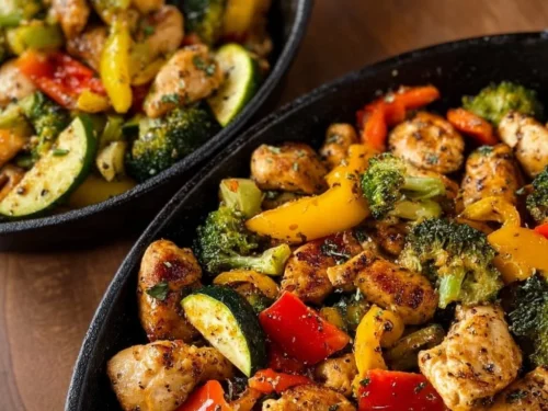 Healthy chicken and vegetables skillet dish served in a pan