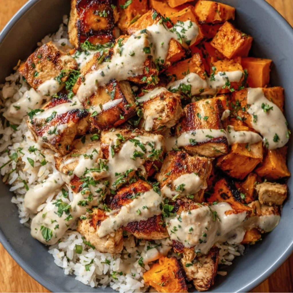 Healthy chicken and sweet potato rice bowl with colorful vegetables