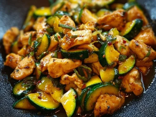Healthy chicken zucchini stir fry served in a bowl with colorful vegetables.