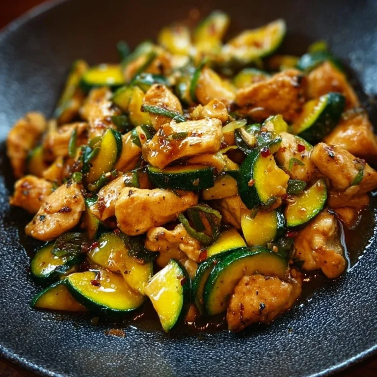 Healthy chicken zucchini stir fry served in a bowl with colorful vegetables.