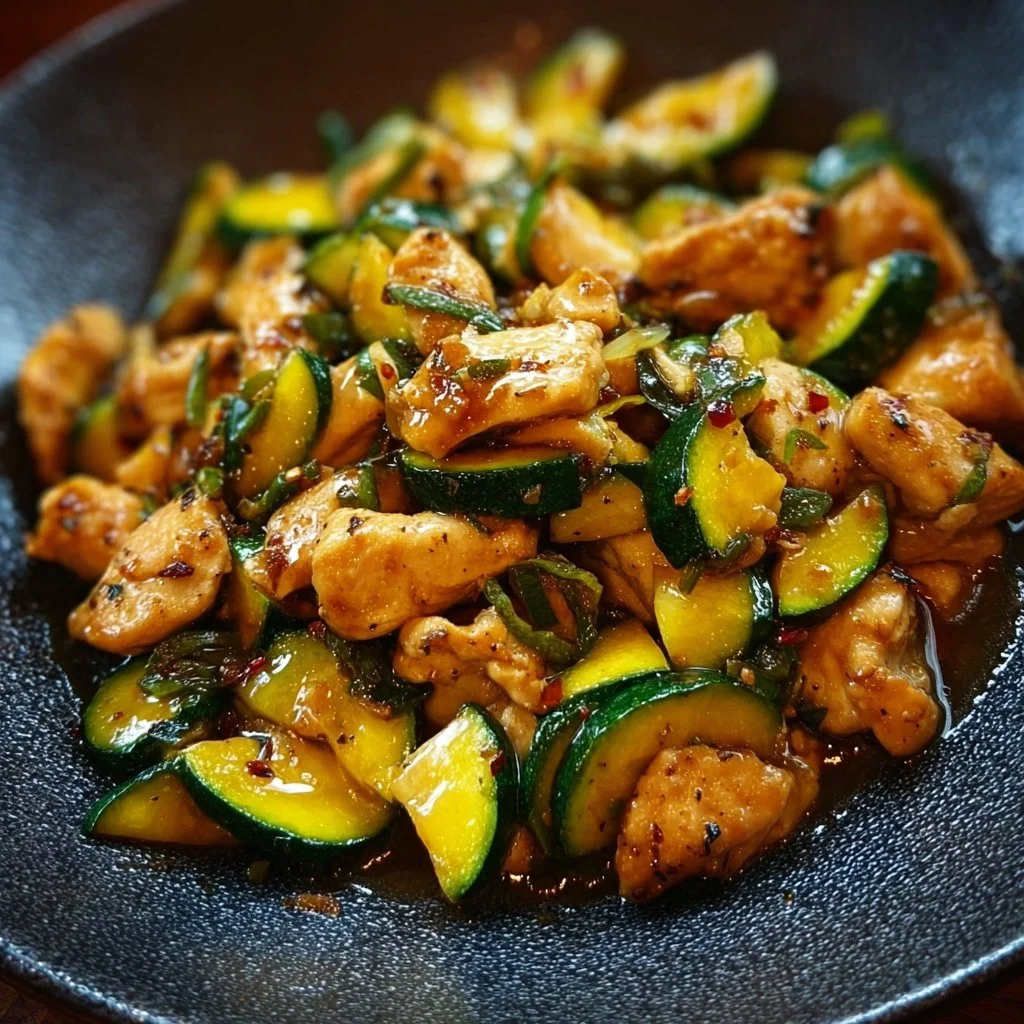 Healthy chicken zucchini stir fry served in a bowl with colorful vegetables.