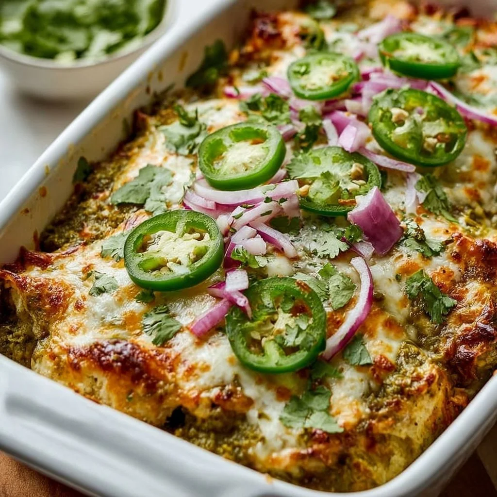Healthy Salsa Verde Chicken Casserole topped with fresh ingredients on a plate