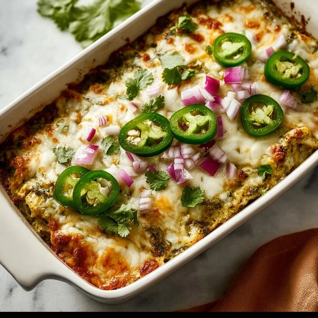 A healthy salsa verde chicken casserole topped with fresh ingredients.