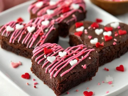 Heart shaped brownies on a plate, perfect for celebrations and desserts