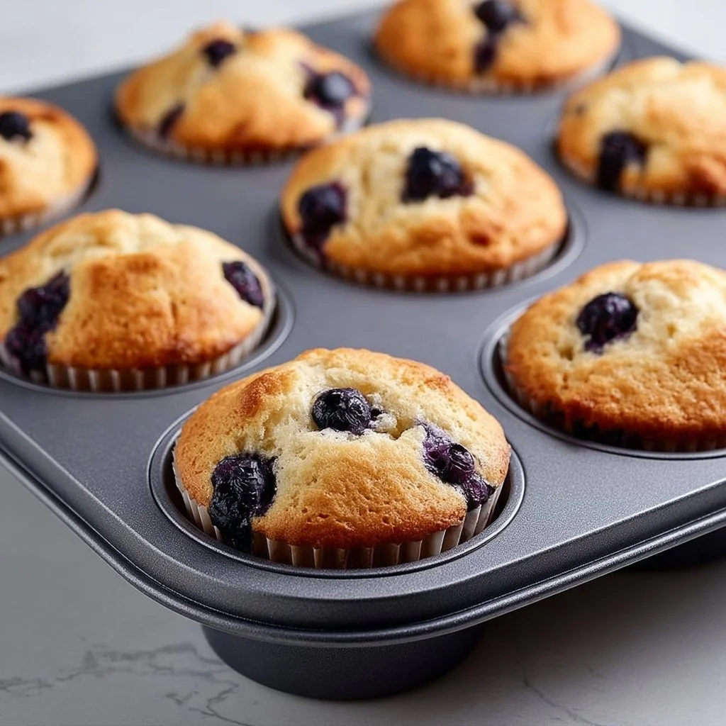 Freshly baked hearty blueberry protein muffins on a wooden table