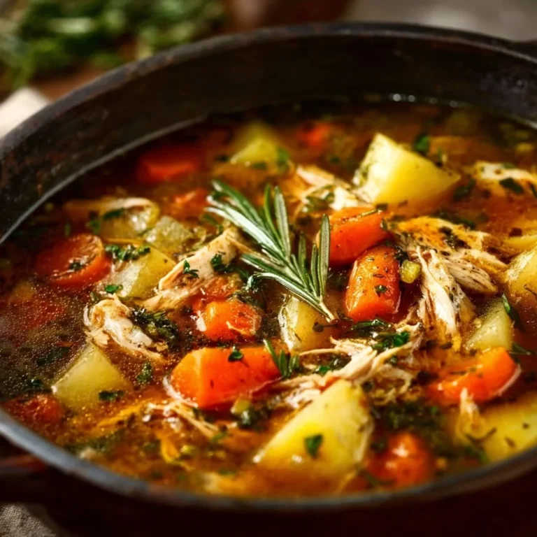 A bowl of hearty chicken veggie soup with fresh vegetables and herbs.