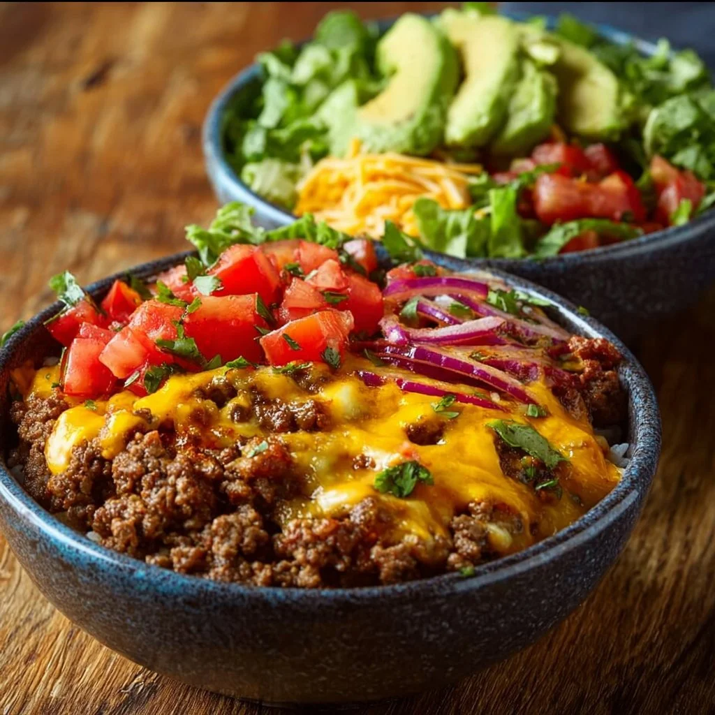 High-protein cheeseburger bowls with ground beef and burger sauce