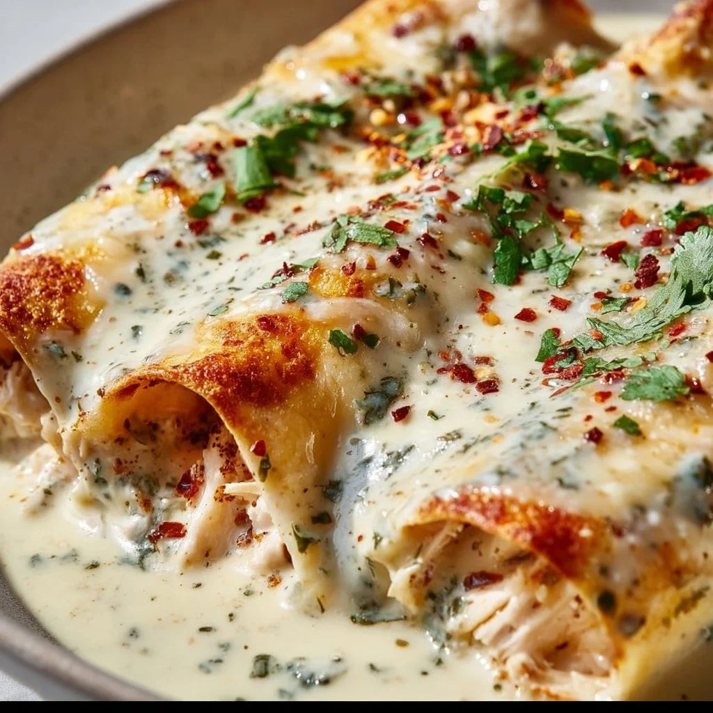 Delicious high protein chicken enchiladas topped with white sauce