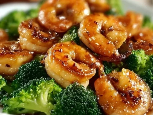 A delicious plate of high-protein honey garlic shrimp served with vegetables.