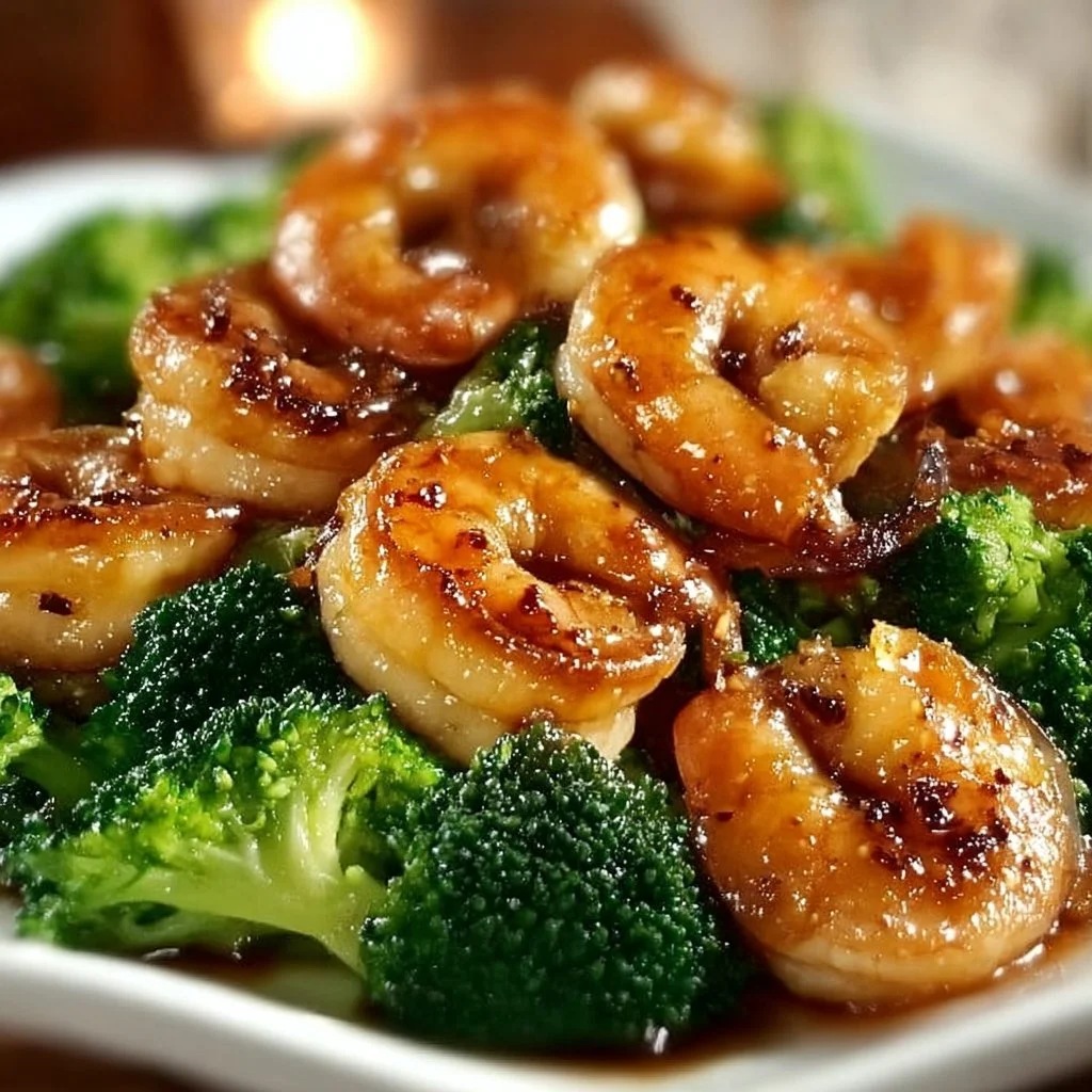 A delicious plate of high-protein honey garlic shrimp served with vegetables.