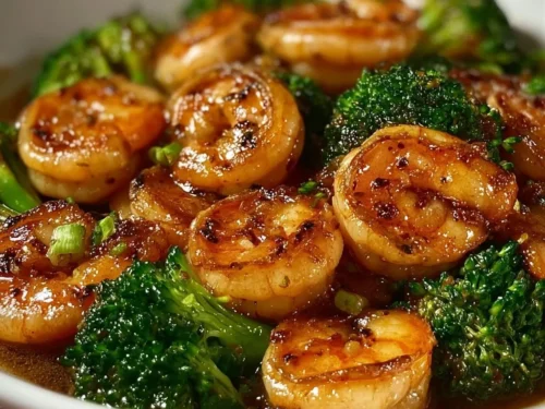 Delicious high-protein honey garlic shrimp served with vegetables