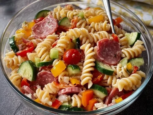 High protein Italian pasta salad as a meal prep idea for work lunches.