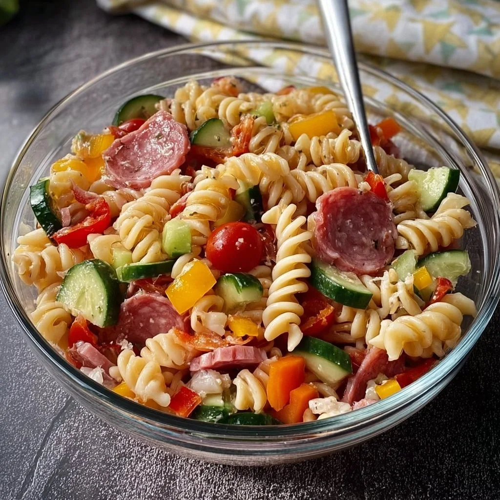 High protein Italian pasta salad as a meal prep idea for work lunches.