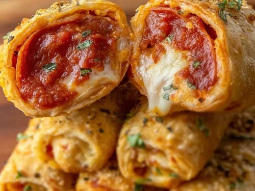 High protein pepperoni pizza rolls on a plate, delicious and healthy snack option.