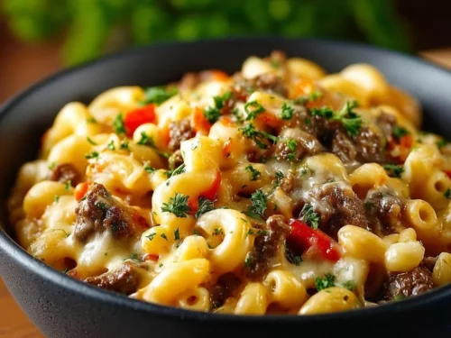 High-Protein Philly Mac and Cheese dish served in a bowl