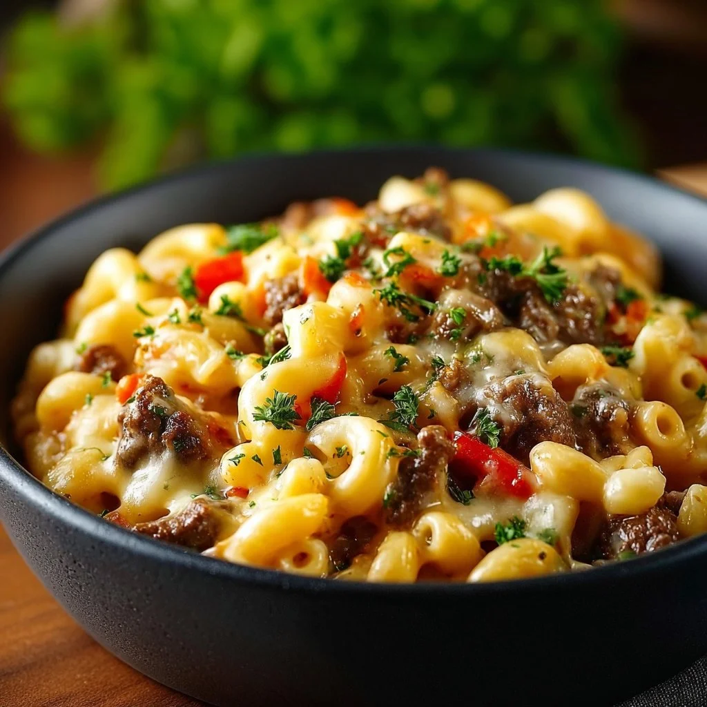 High-Protein Philly Mac and Cheese dish served in a bowl