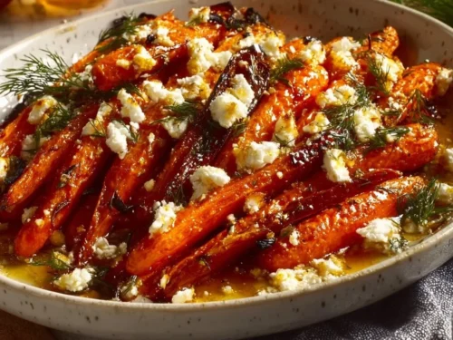 Honey garlic roasted carrots topped with feta cheese