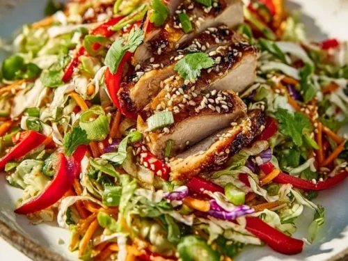 Incredible sesame chicken salad topped with sesame dressing and fresh veggies