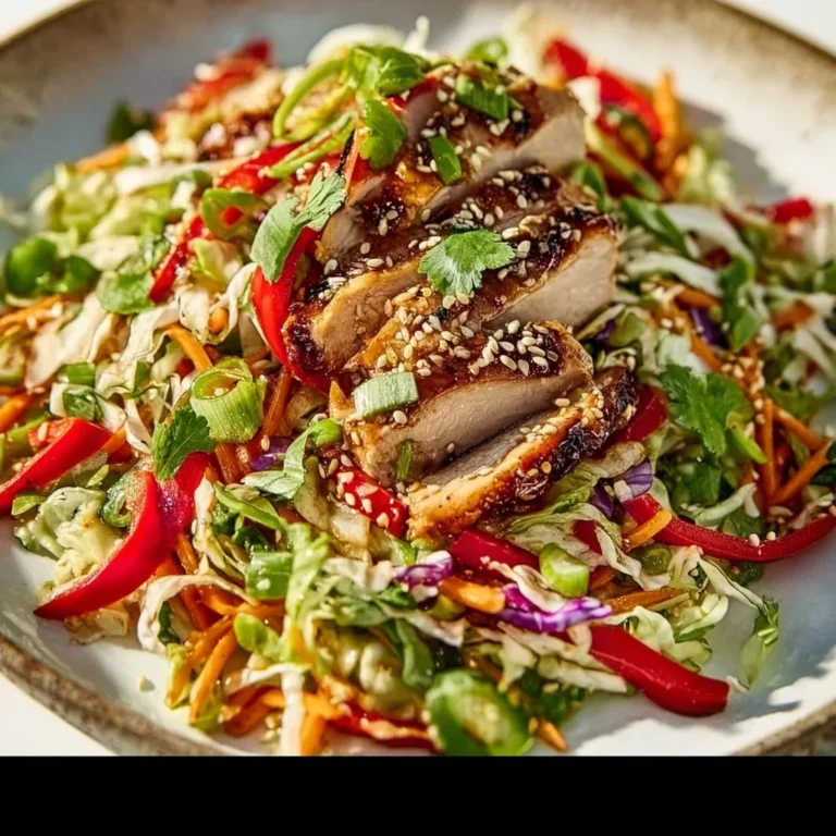Incredible sesame chicken salad topped with sesame dressing and fresh veggies