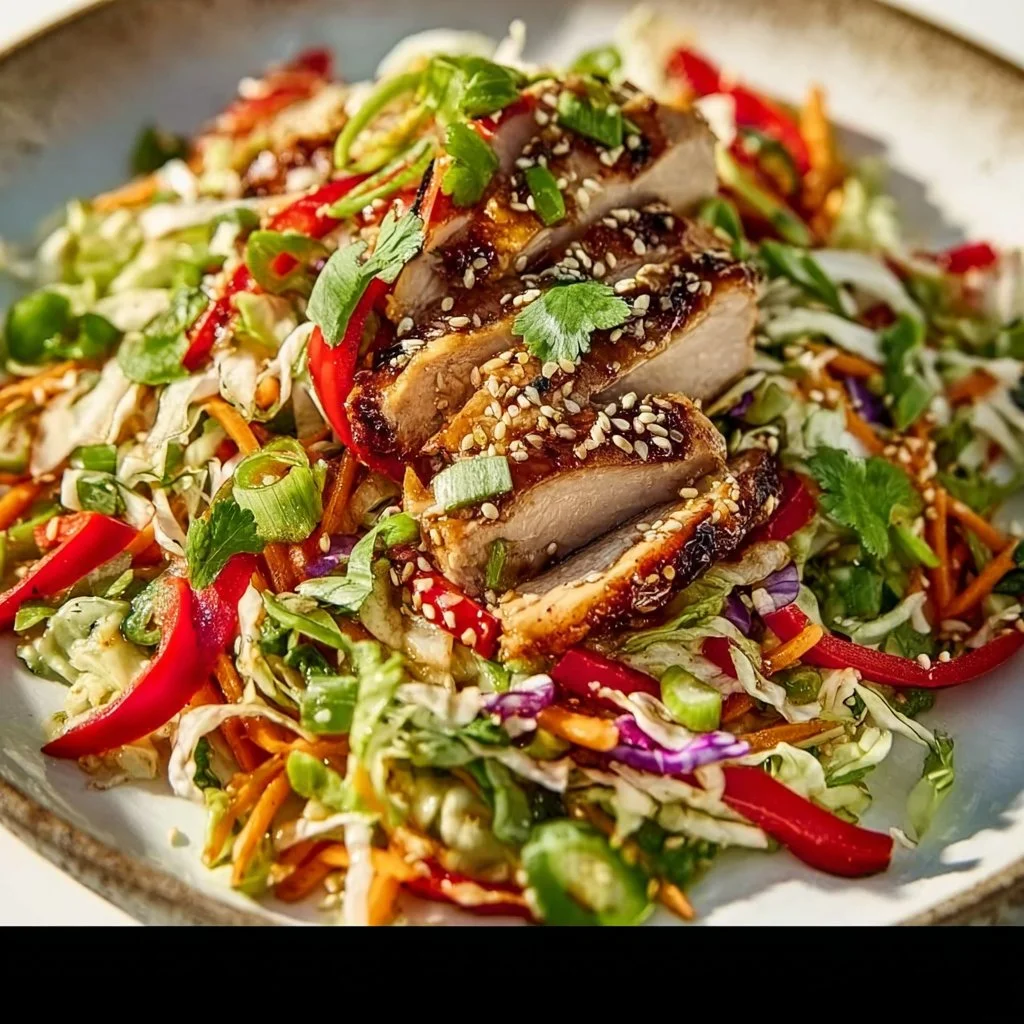 Incredible sesame chicken salad topped with sesame dressing and fresh veggies