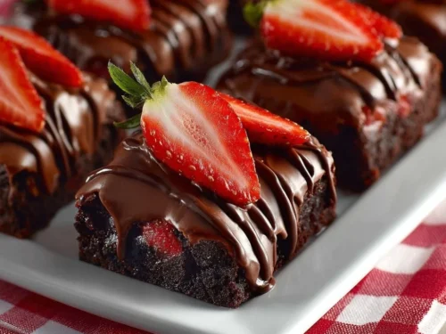 Delicious chocolate covered strawberry brownies on a plate