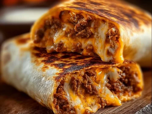 Irresistible grilled cheese burrito on a plate, melted cheese oozing out