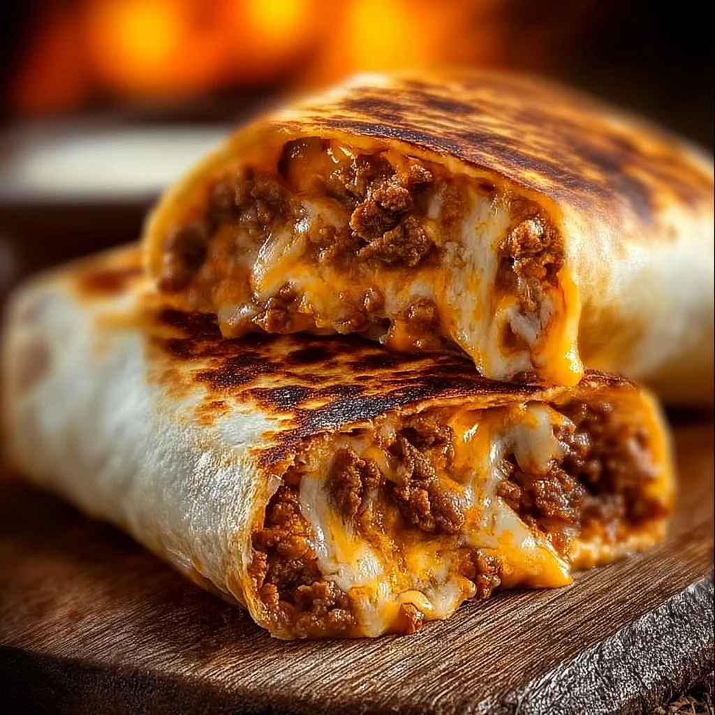Irresistible grilled cheese burrito on a plate, melted cheese oozing out
