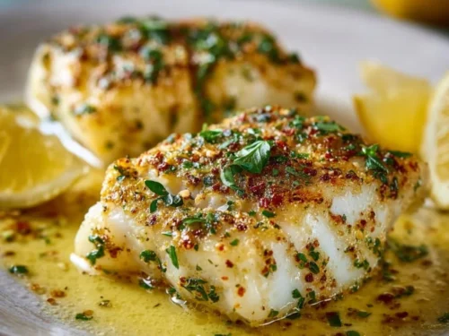 Juicy lemon garlic butter cod fillets served with fresh herbs and lemon slices