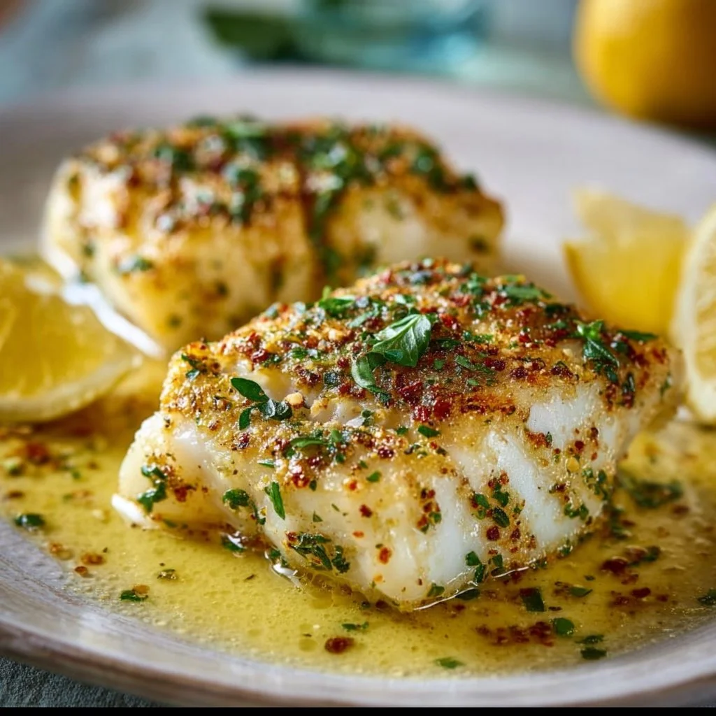 Juicy lemon garlic butter cod fillets served with fresh herbs and lemon slices