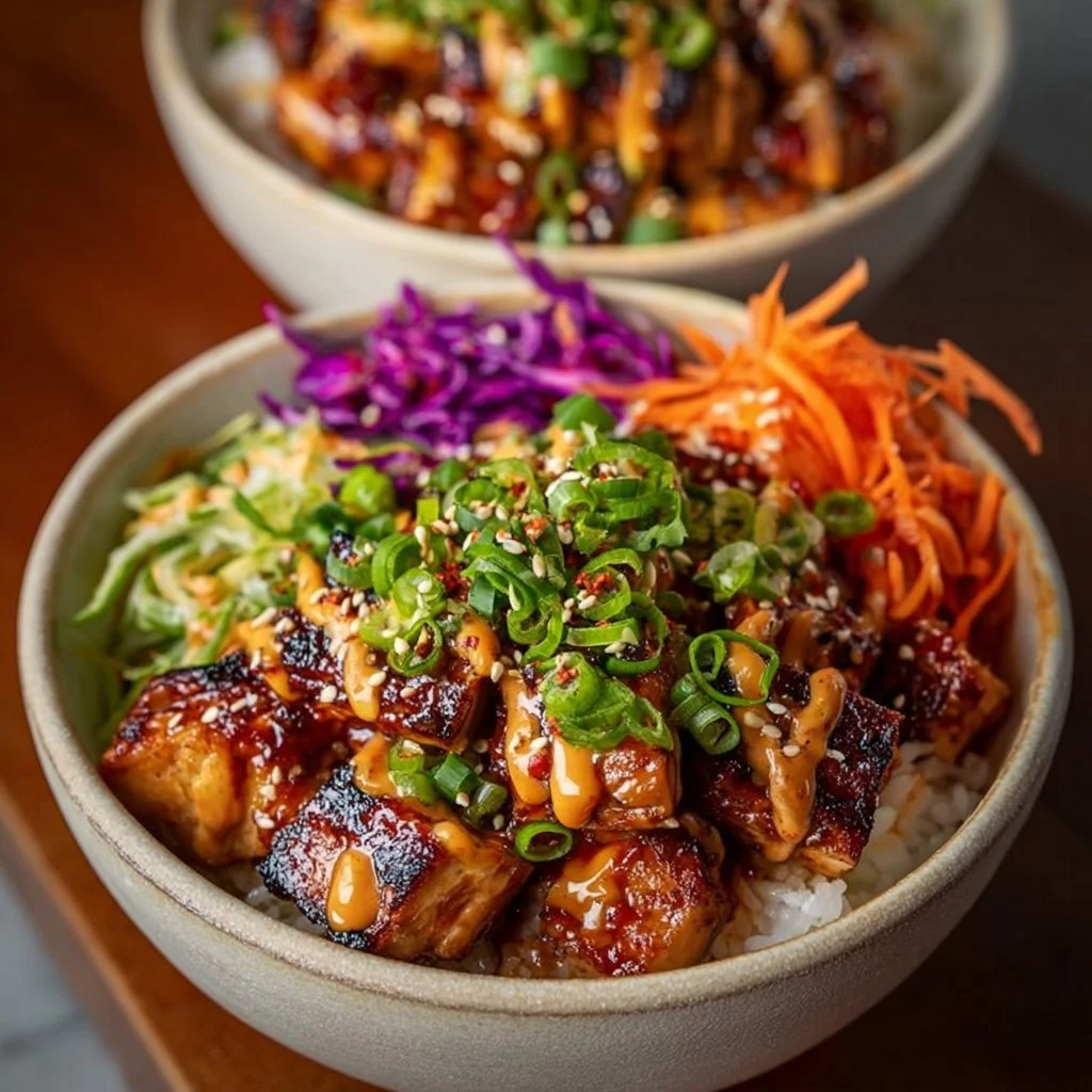 Delicious Korean BBQ Chicken Bowls served with rice and vegetables